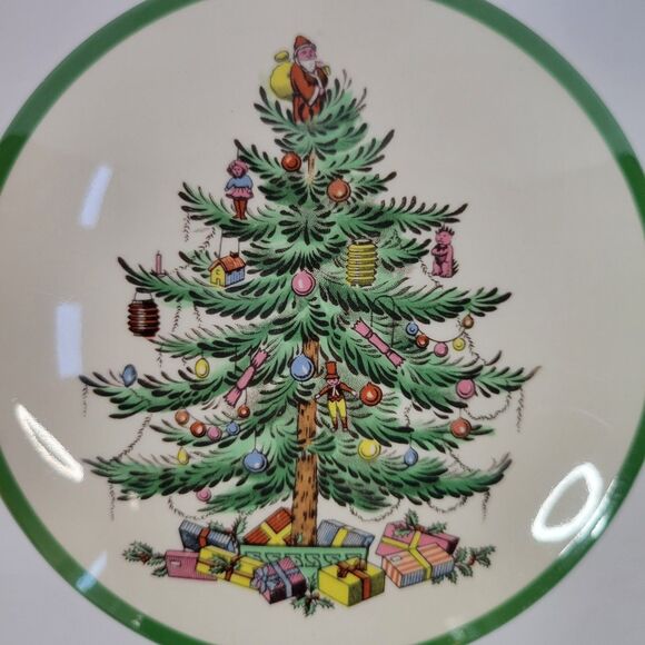 Green White Spode Christmas Tree Porcelain Round 5” Trinket Powder Box England - Picture 3 of 14